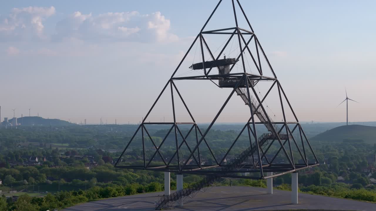 Drone close up of Tetraeder steel structure view viewing platform. Tourist attraction and art in Germany.