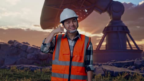 asian male engineer with safety helmet smiling to camera and making call me gesture while standing with large satellite dish
