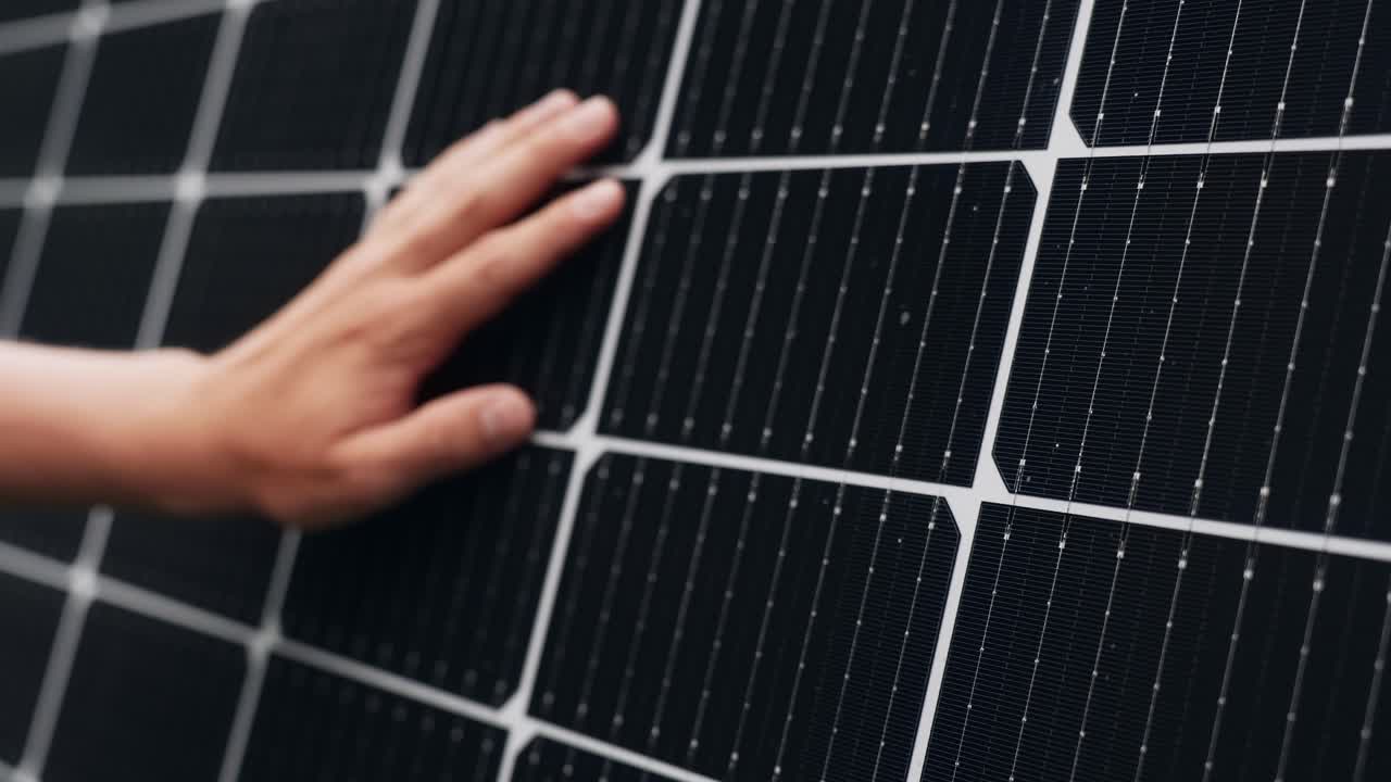 futuro de energía verde alcanzable, mano deslizándose a través de las células del panel solar