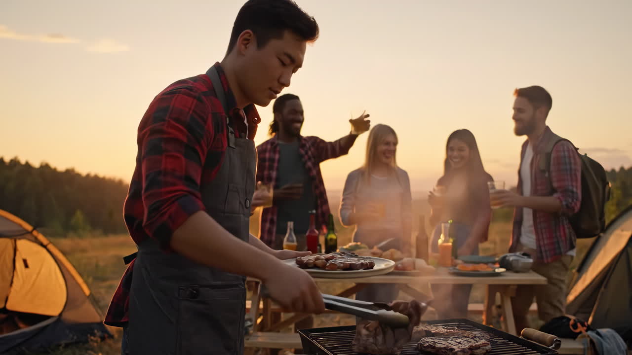 Friends Enjoying a Sunset Barbecue While Camping