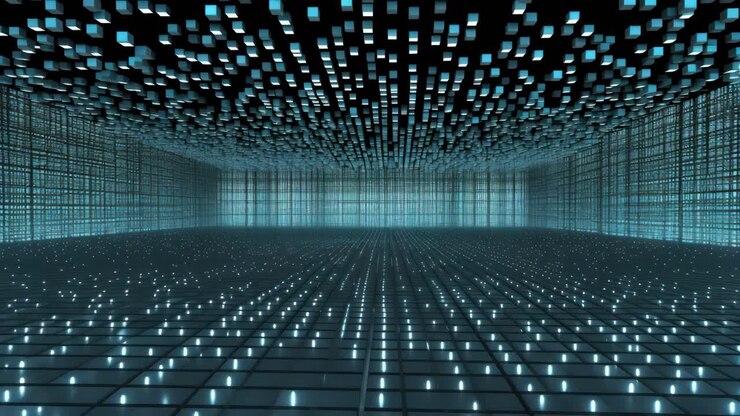 Futuristic digital grid room with glowing tiles and floating rectangles