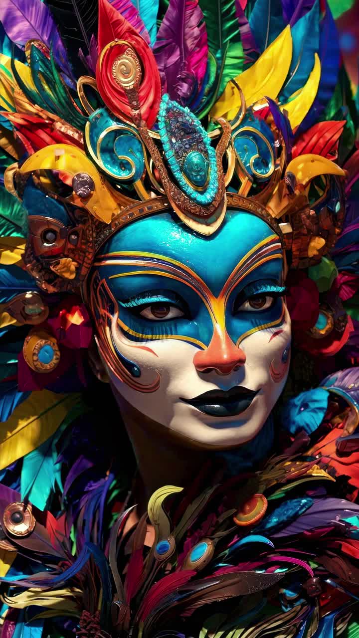 Vibrant close-up of a colorful, feathered mask, shot from a front angle, capturing intricate