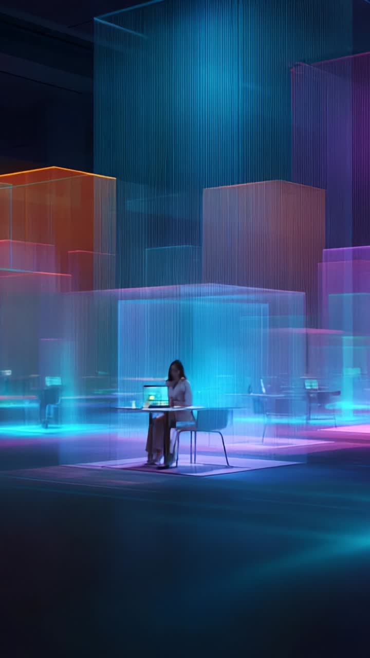 Um reino digital sereno: uma figura interage com a tecnologia em meio a impressionantes exibições de luzes coloridas e estruturas geométricas etéreas na arte moderna