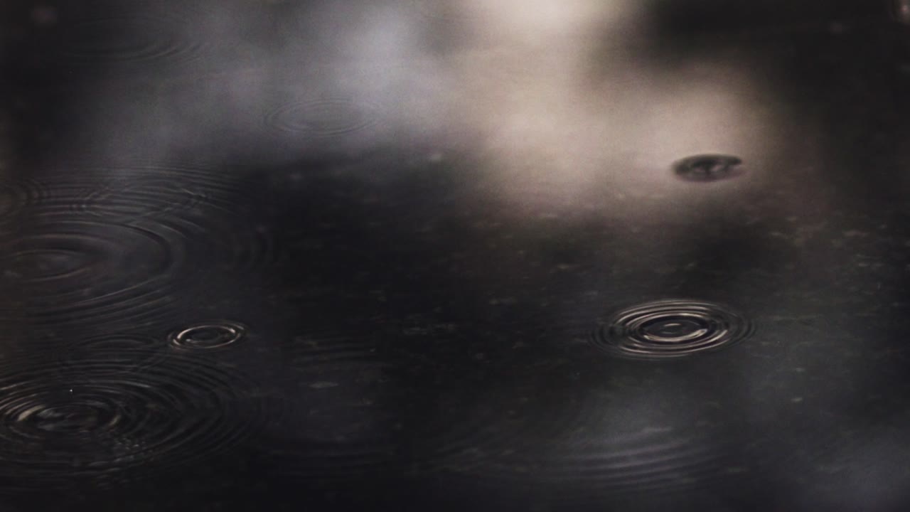 빗방울이 여전히 떨어지고 있는 아스팔트 도로에 있는 큰 빗물 웅덩이의 클로즈업