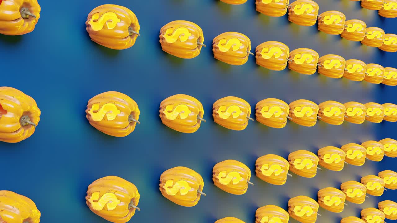 patrón de decoración de calabaza con signo de dinero en fondo azul