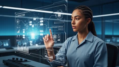 a woman engaged with an interactive ai interface, displaying advanced technology and data management in a futuristic control room setting