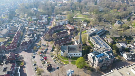 jib down of beautiful small church in stunning town