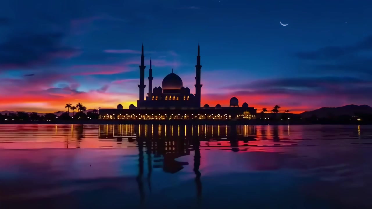 Bella Moschea Riflessa nell'Acqua Durante la Transizione dal Tramonto alla Notte