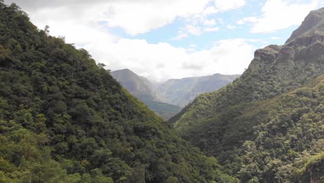 drone shot of huge green valley with tall mountains in the amazon of peru