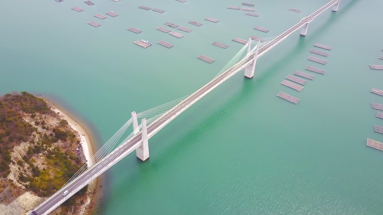 Aerial Shot of Bizen Hinase, Okayama, Japan.Fly in Bizen Nissei Ohashi Bridge