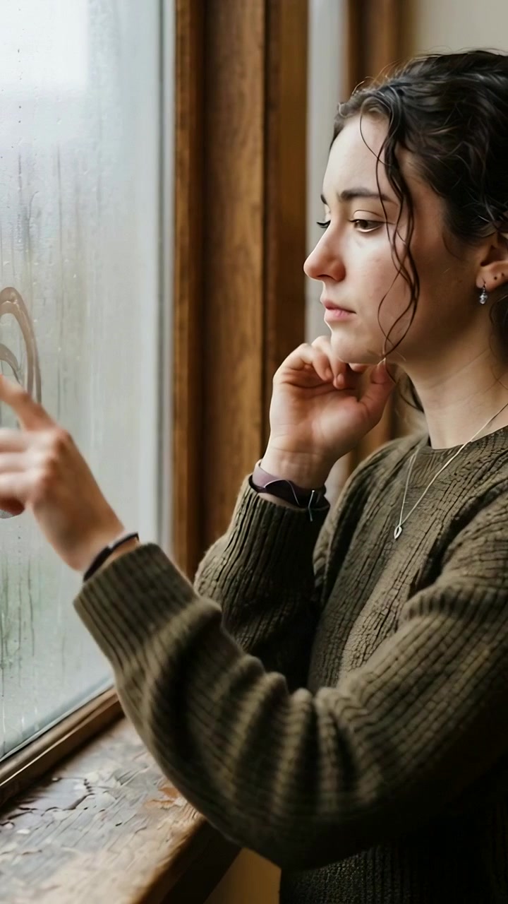 Video vertical: Dibujando una espiral en una ventana empañada después de la lluvia, mujer con suéter verde oliva contemplando.