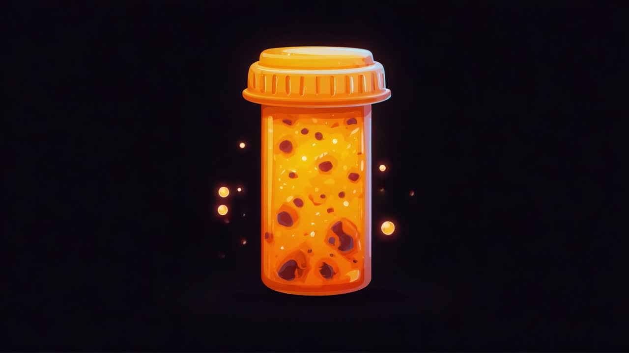 A captivating digital depiction of a vibrant orange prescription bottle filled with textured, colorful particles, set against a dark background, showcasing the interplay of light and shadows