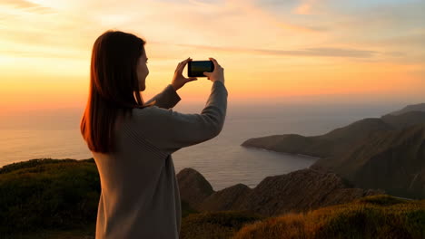 woman capturing a coastal sunset with her smartphone