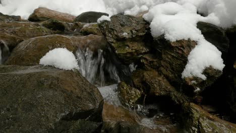 a creek running between stones in the snow