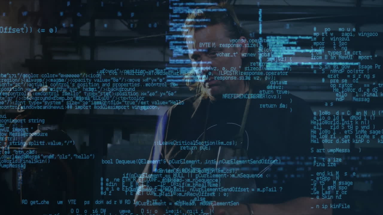male technician examining technology lab, with animated code streams overlaying machinery