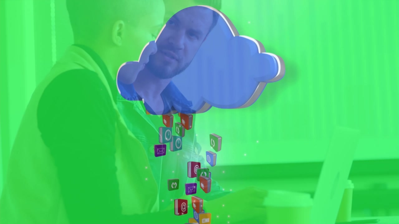 Animation of cloud and digital icons over business people