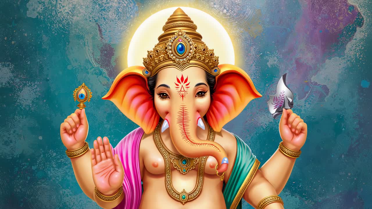 Displaying Hindu deity Ganesha holding lotus bud and axe offering blessing in devotional cosmic art