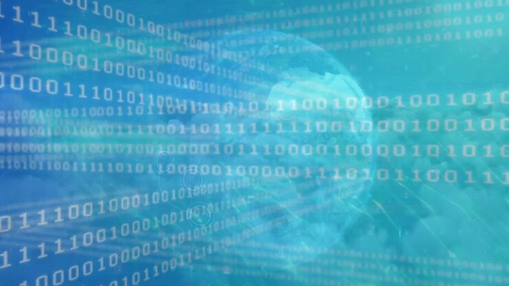 Animation of data processing and binary coding on blue background