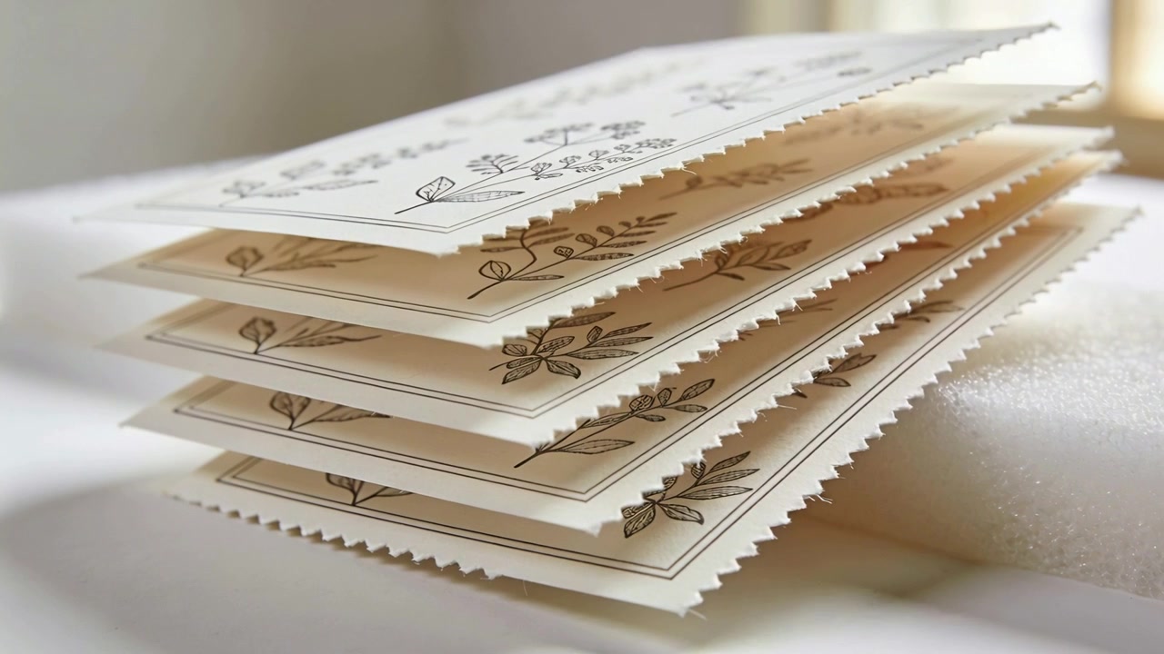 Moving camera showing stacked cream cards near window to highlight serrated edges, botanical prints