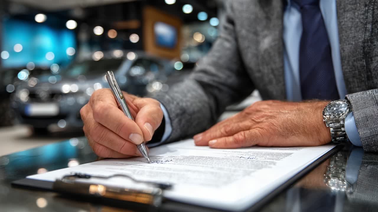 Un professionista che firma documenti importanti in una moderna concessionaria automobilistica, a testimonianza della formalità e del coinvolgimento nel processo di acquisto dell'auto