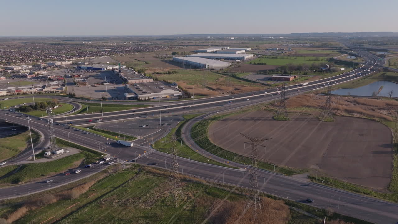A busy intersection on highway 401 in mississauga, canada, aerial view