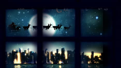 window frame against santa claus in sleigh being pulled by reindeers over cityscape