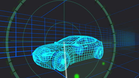 neon blue wireframe sports car being visualized in dark grid space, with green hud gauge overlay