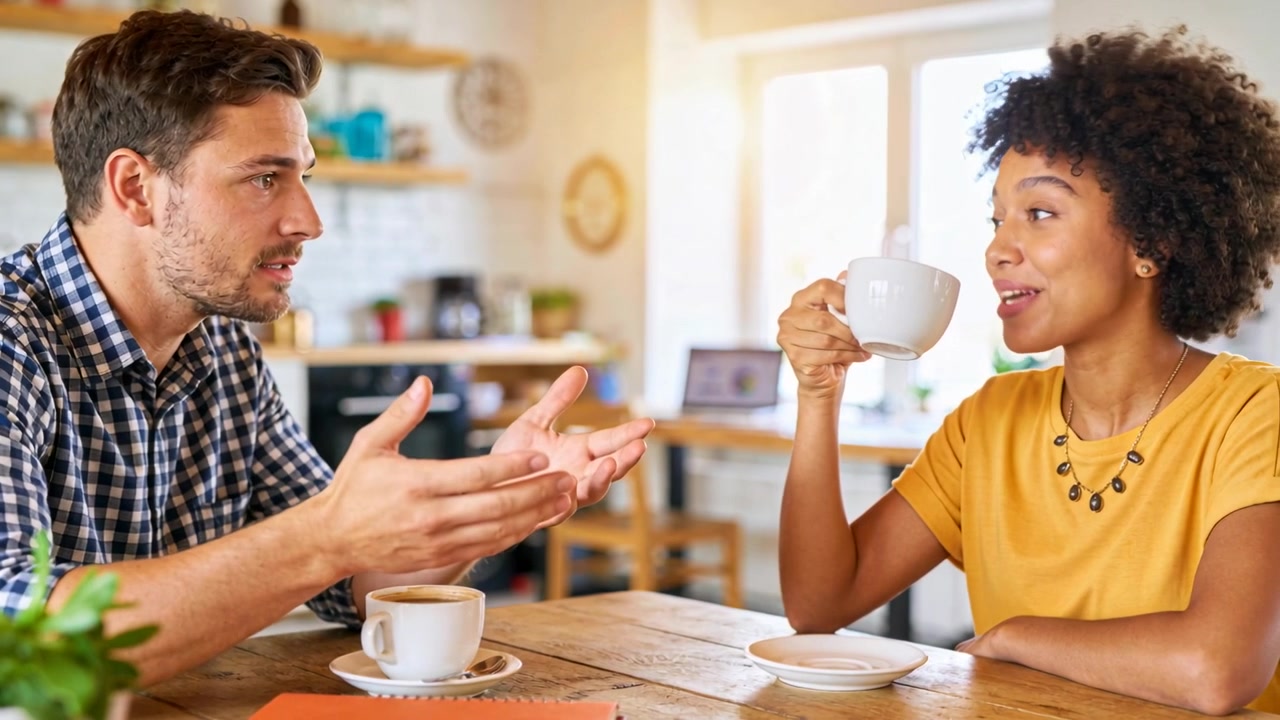 Homem inclinado falando enquanto mulher ouve, tomando um gole da caneca à mesa da cozinha, discutindo planos, com blusa mostarda.