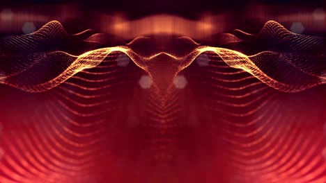 3d loop animation as digital science fiction background of glowing particles like in nano world with depth of field, bokeh. particles form line, surface grid or mysterious virtual space. red gold 6