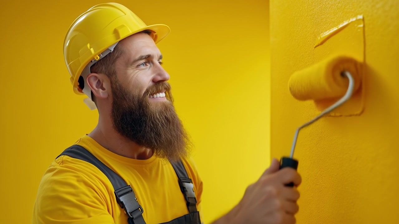 Lächelnder professioneller Maler mit Bart und Hut, der mit einer Rolle gelbe Farbe auf eine Wand aufträgt.
