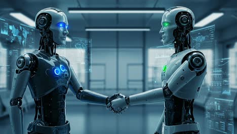 a groundbreaking moment as two advanced robots unite in a handshake, symbolizing collaboration and the future of artificial intelligence and technology