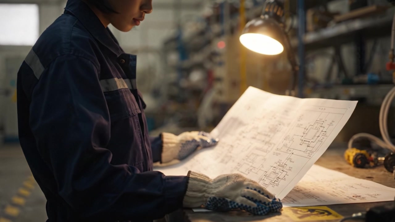 Focused Engineer Analyzing Technical Blueprints in a Workshop Lit by Warm Light, Delving into Specialized Diagrams for an Upcoming Project