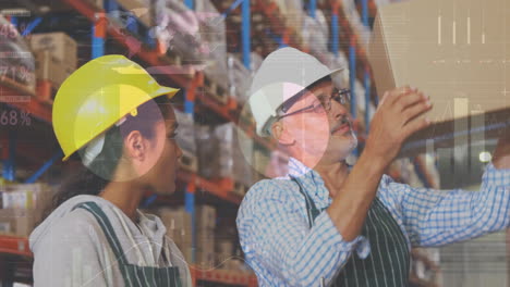 animation of data processing over people working in warehouse