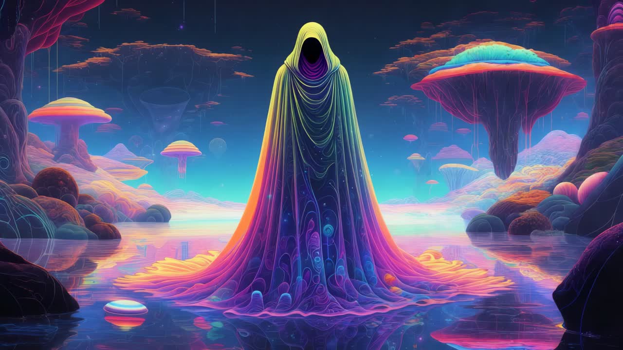 paisaje de fantasía colorido con figura misteriosa