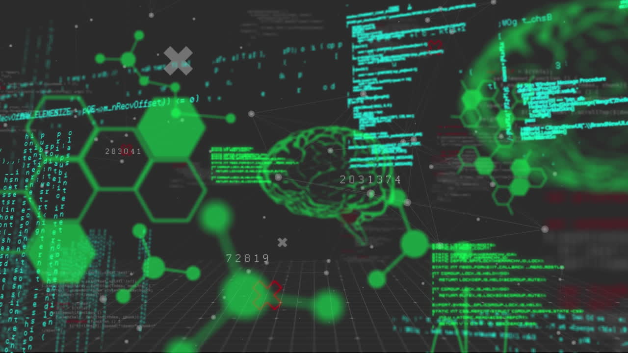 animación del procesamiento de datos sobre estructuras químicas y cerebros.