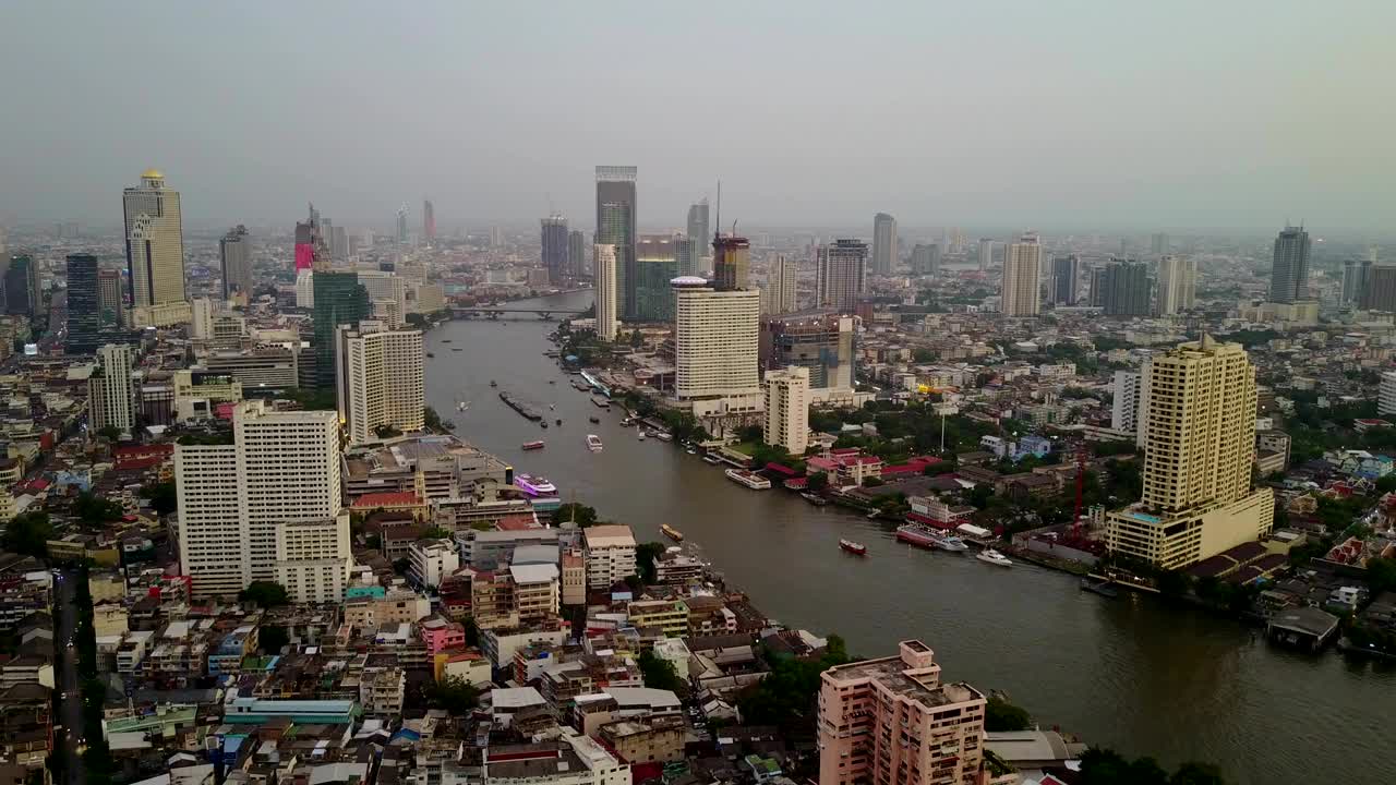 Aerial footage scene of city and river, Bangkok, Thailand