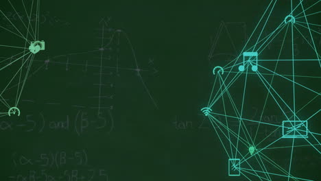 Animation-of-network-of-media-icons-over-mathematical-equations-on-chalkboard