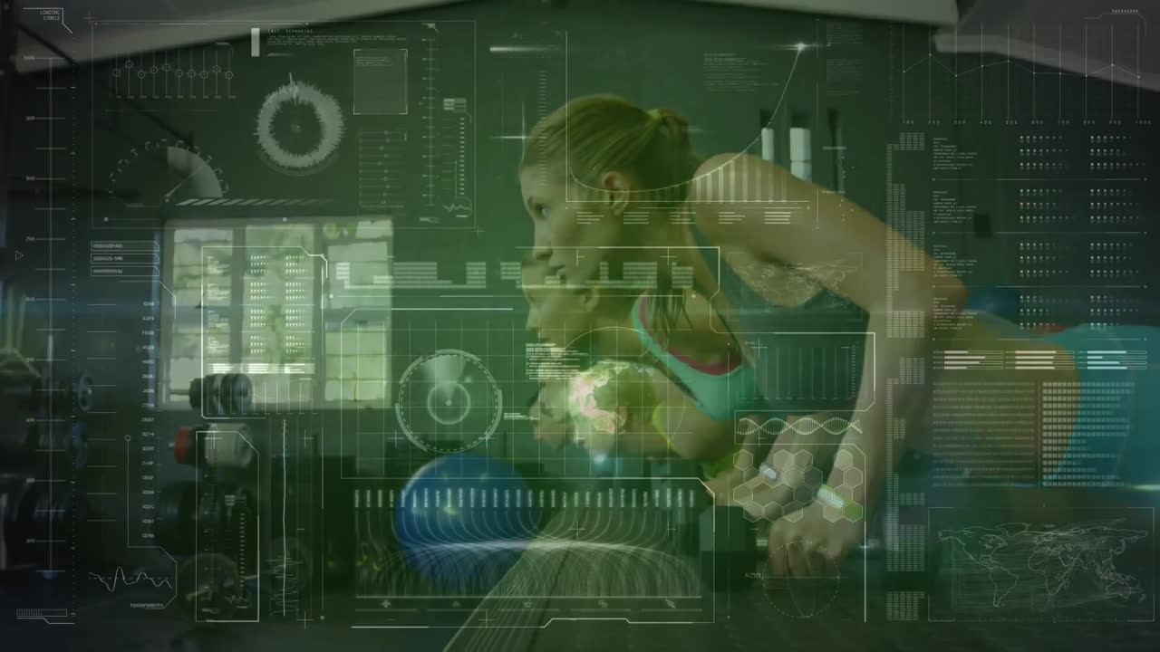 animación de escaneo de alcance y procesamiento de datos sobre mujeres que hacen ejercicio en el gimnasio