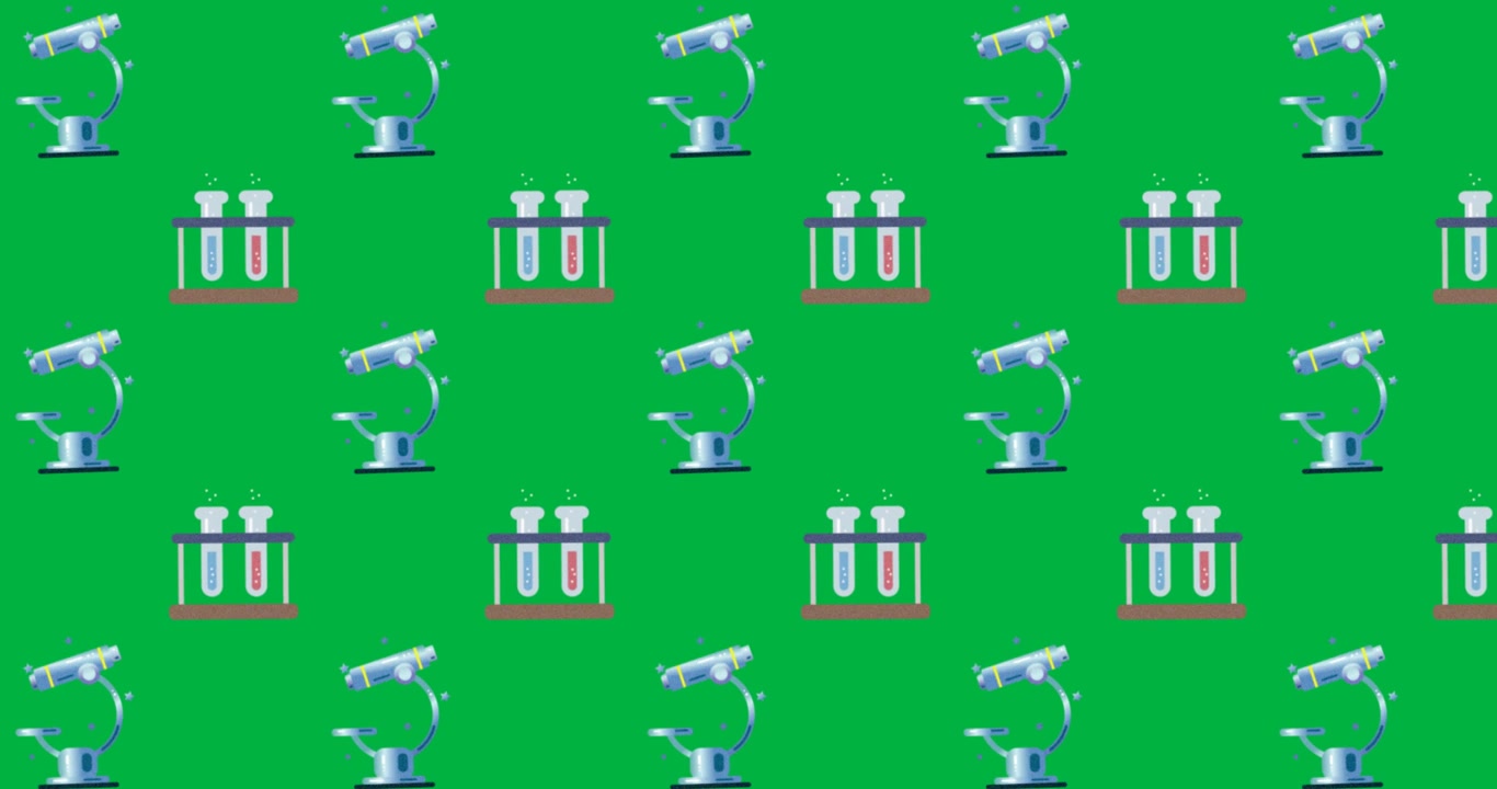Animazione di più file di icone di attrezzature da laboratorio di chimica e biologia che si muovono