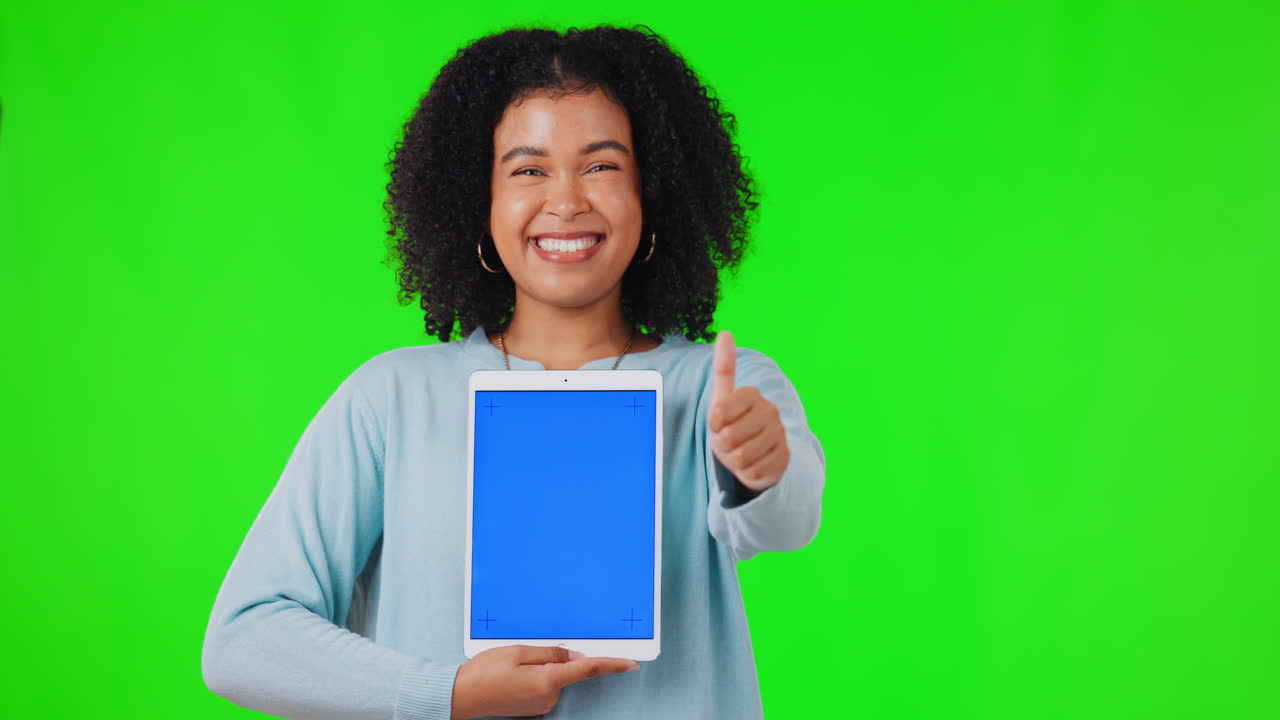 Woman, tablet and thumbs up for mockup on green