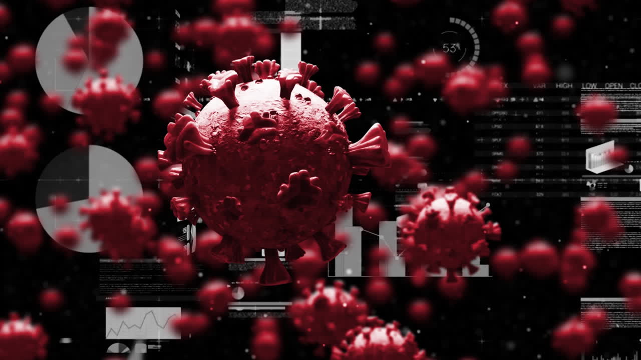 animación digital de múltiples células de covid-19 flotando sobre múltiples pantallas con procesamiento de datos