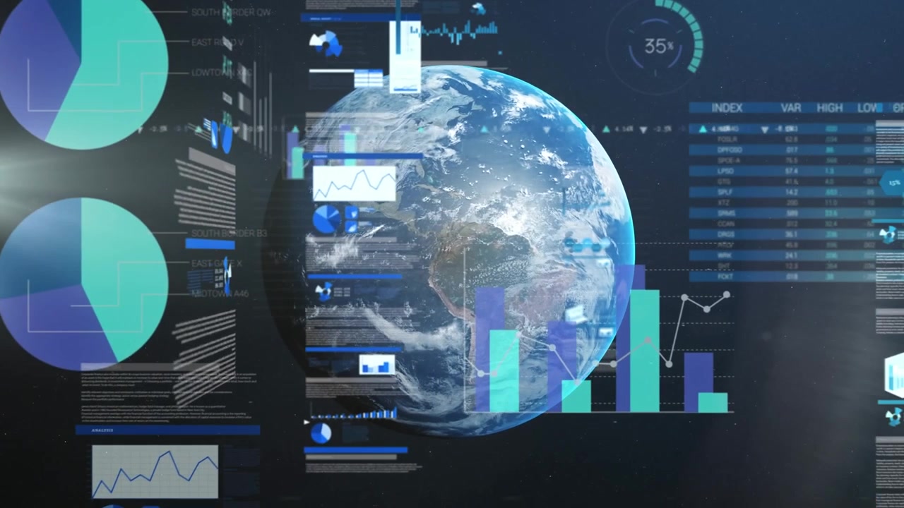 Animation of infographic interface with trading board over rotating globe against black background