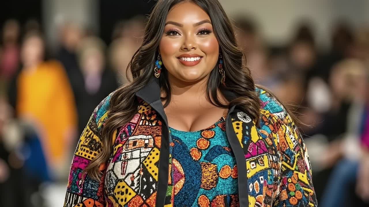 A woman in a colorful dress walking down a runway