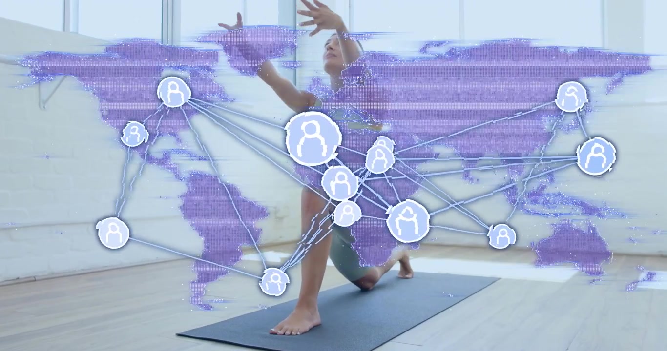 Yoga coach holding yoga lunge shifting into arm lift stretching with network overlay showing links