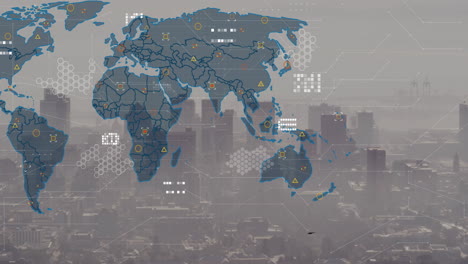 animación del mapa del mundo y procesamiento de datos frente a una vista aérea del paisaje urbano