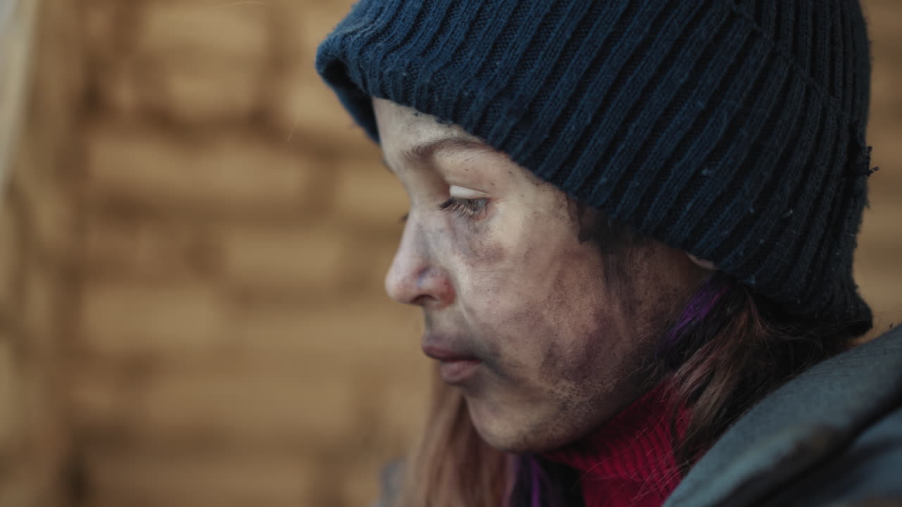 Close up side view of orphan child in winter hat and dirty face gazing with focus toward cage outside frame, suggesting emotional moment of curiosity