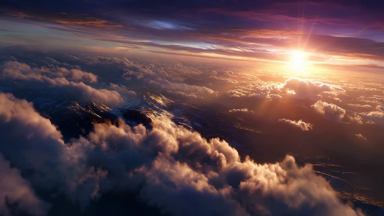 Breathtaking Panoramic View of Sunlight Breaking Through Clouds over Majestic Mountains at Dawn, Capturing the Beauty of Nature's Transition from Night to Day with Vibrant Colors and Serene Atmosphere