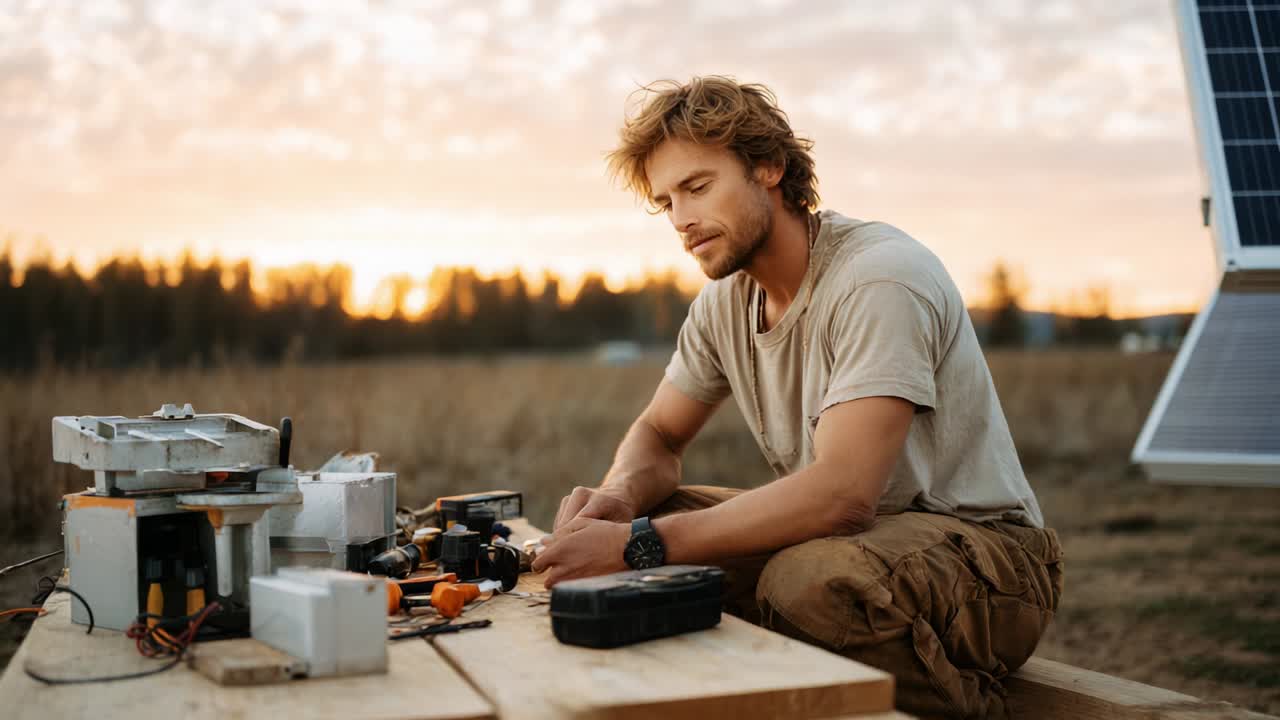 A focused individual examines tools and equipment in a serene outdoor setting at sunset, showcasing innovation and craftsmanship amidst nature's beauty and the promise of renewable energy