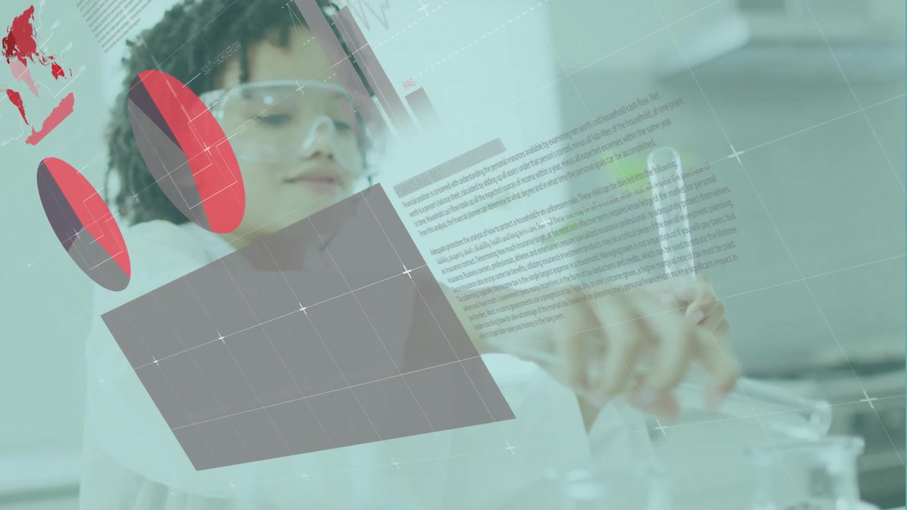 Male student pouring test tube into beaker in school lab, generating animated charts to learn