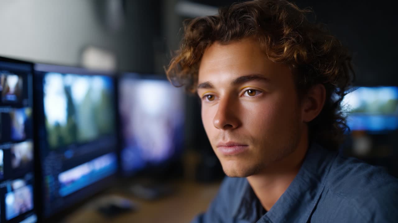 Focused Young Man Analyzing Video Editing with Multiple Monitors in Background, Capturing the Essence of Concentration and Creativity in Digital Production